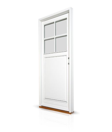 Billede af Facadedør med 4-felt glas og isoleret fylding – moderne energiløsning i klassisk form